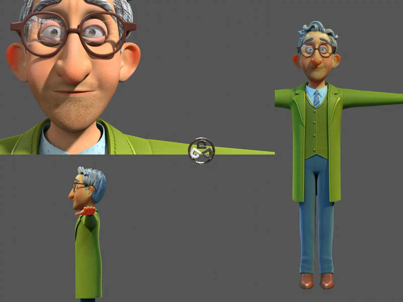 Textured 3D character model: close-up and turnaround