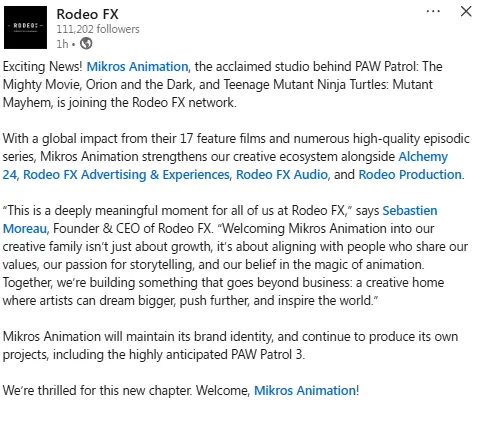 Linkedin Post of Rodeo FX