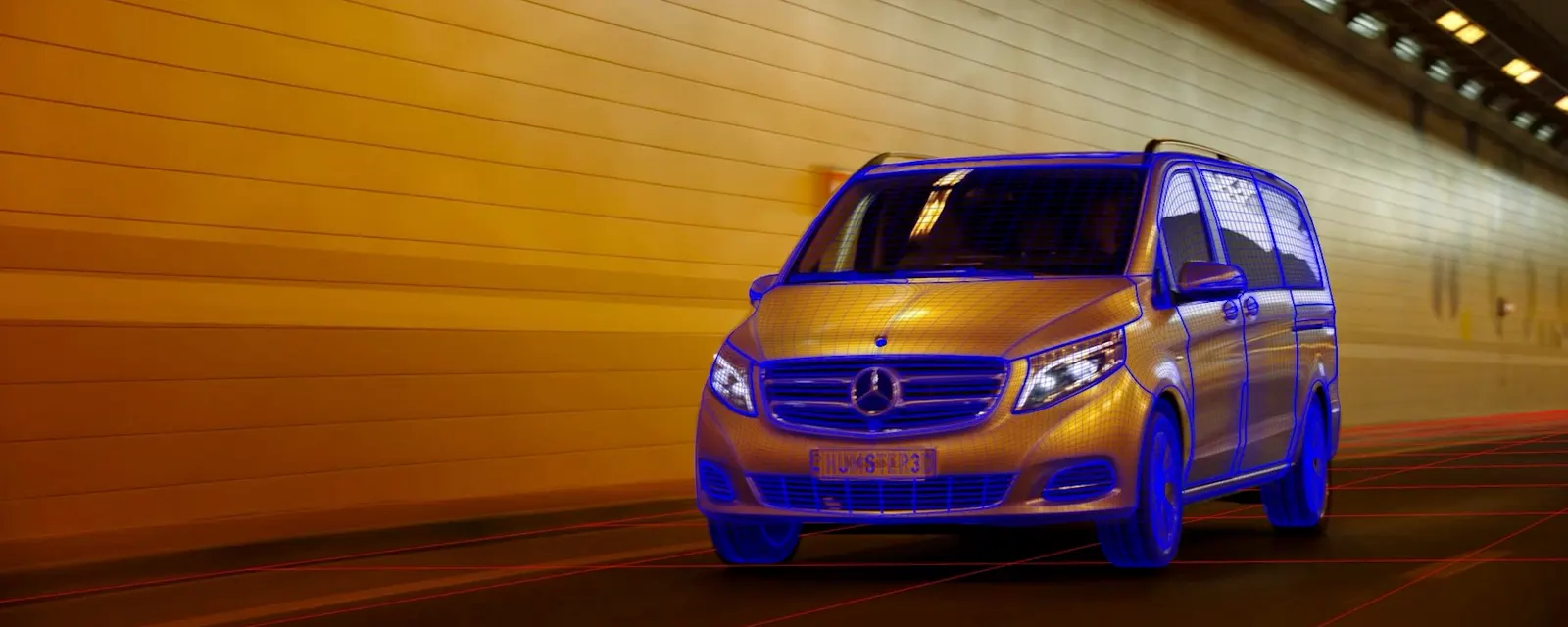 Van commercial shot in a lit tunnel, tracked for CG